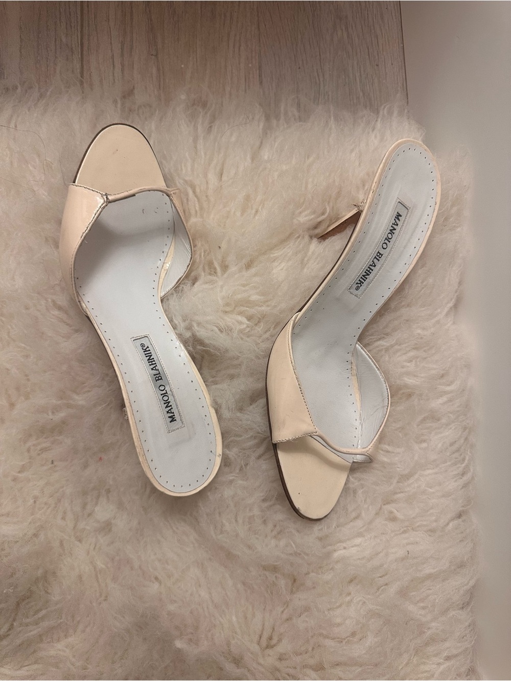 Manolo Blahnik Pale Beige Open-Toe Slide Heels